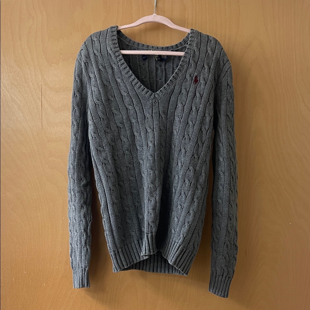 Polo by Ralph Lauren Grey Cable Knit V-Neck Sweater with Polo Pony